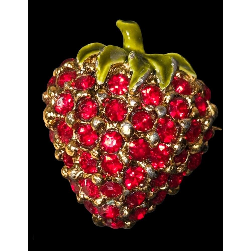 Vintage Red Rhinestone Enamel Strawberry Pin Brooch